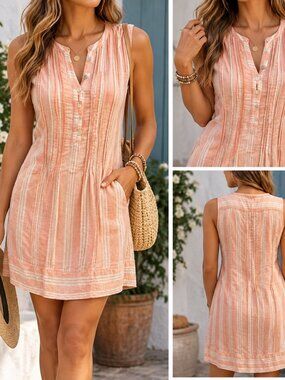 Faherty Organic Cotton Sleeveless Shift Dress Medium Peach Stripe Pintuck Pocket